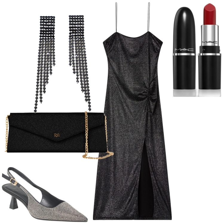 Outfit donna - Serata. Stile Glamour per Serata fuori. Abbinamento con rossetti, vestiti lunghi, décolleté, pochette, orecchini.