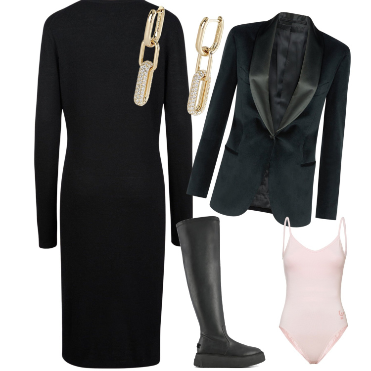 Outfit donna - Black queen. Stile Urban per Serata fuori. Abbinamento con orecchini, body, vestiti midi/longuette, stivali sopra il ginocchio, blazer.