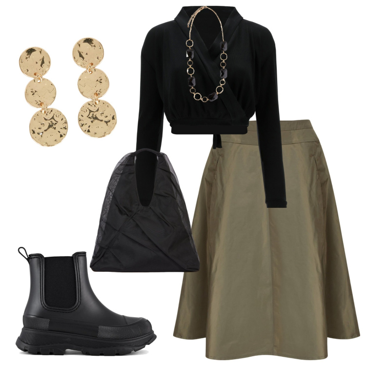 Outfit donna - Dicembre. Stile Casual chic per Serata fuori. Abbinamento con top, gonne, stivali, collane, shopping bag, orecchini.