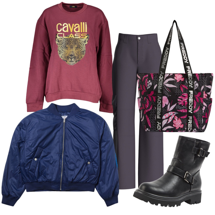 Outfit donna - Un salto al supermercato. Stile Casual chic per Tutti i giorni. Abbinamento con stivaletti, bomber, pantaloni cargo, shopping bag, felpe.