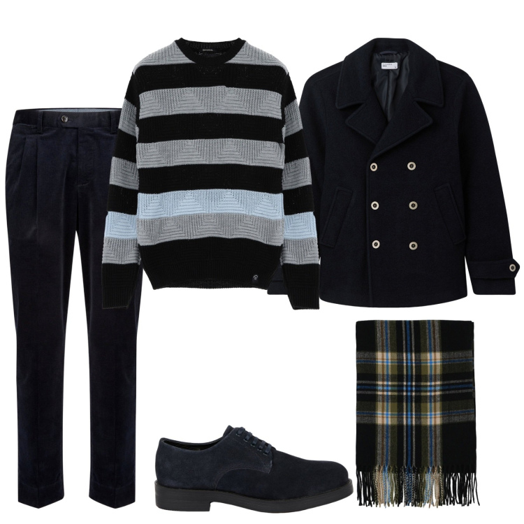 Outfit uomo - Total look #2017988. Stile Trendy per Tutti i giorni. Abbinamento con cappotti, maglieria, sciarpe, scarpe stringate, pantaloni.