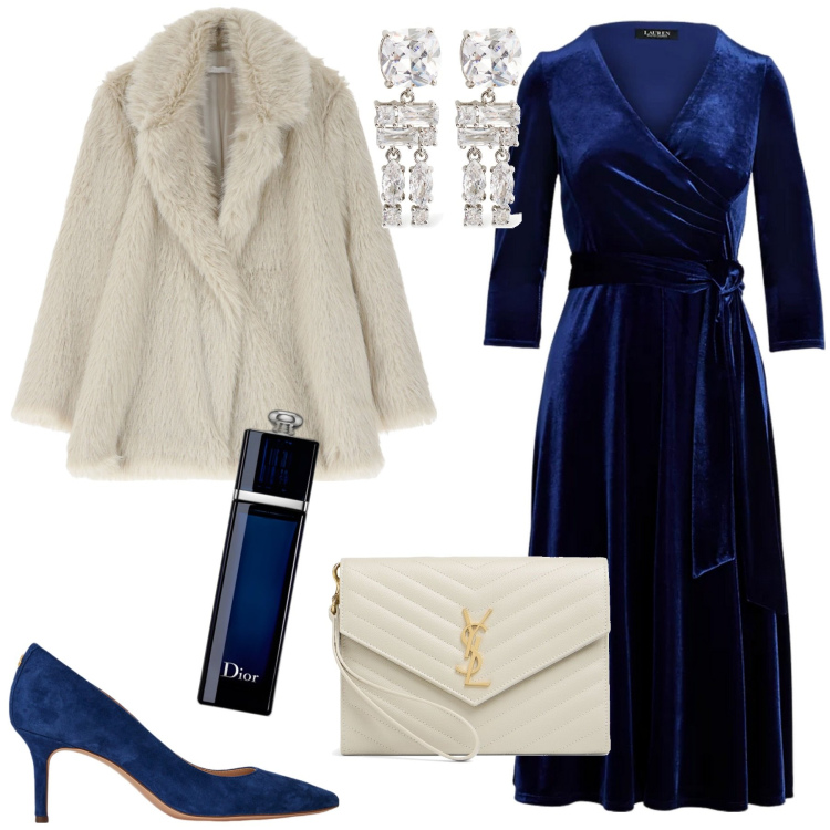 Outfit donna - Velvet Elegance. Stile Chic per Serata fuori. Abbinamento con profumi, ecopellicce, vestiti, décolleté, pochette, orecchini.