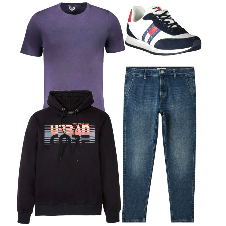 Outfit uomo - In giro. Stile Casual per Tutti i giorni. Abbinamento con felpe con cappuccio, jeans, t-shirt, sneakers.