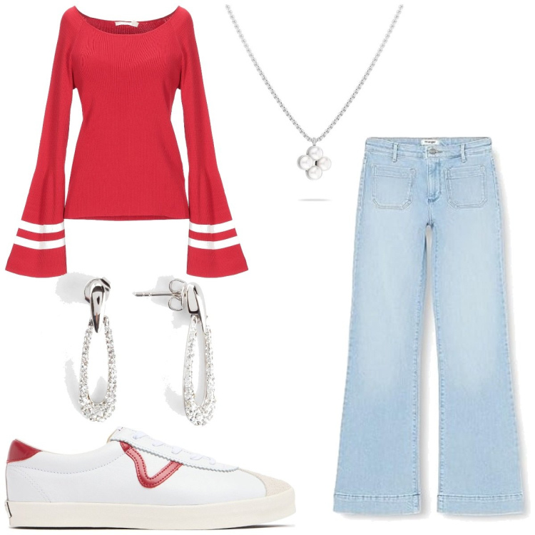 Outfit femme - Noel en rouge retro urban. Style Urban pour Soirée dehors. Assortir avec boucles d'oreilles, colliers, jean patte d'éléphant, pulls, sneakers.