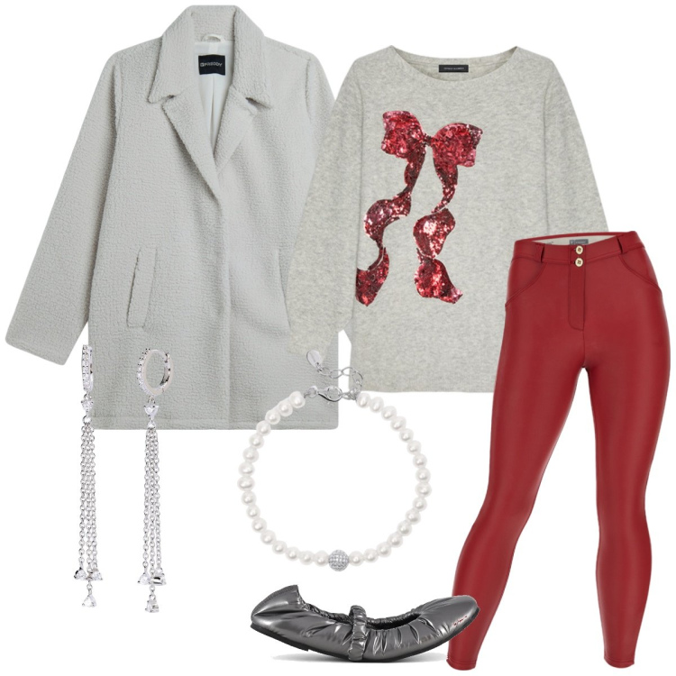 Outfit donna - Total look #2018059. Stile Casual chic per Tutti i giorni. Abbinamento con orecchini, braccialetti, pantaloni skinny, cappotti, ballerine, maglieria.