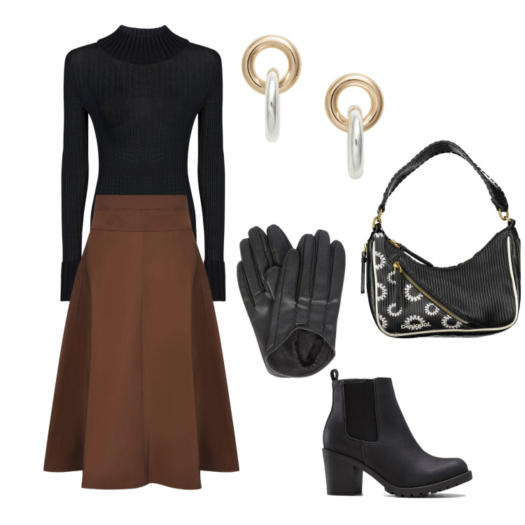 Outfit donna - Total look #2018063. Stile Chic per Ufficio. Abbinamento con stivaletti, orecchini, maglieria, gonne, guanti, borse a spalla.