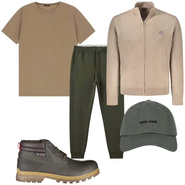 Outfit uomo - Total look #2018075. Stile Urban per Tutti i giorni. Abbinamento con t-shirt, pantaloni, cappelli con visiera, cardigans, stivali.