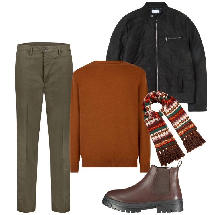 Outfit uomo - Outdoor urbano. Stile Urban per Tutti i giorni. Abbinamento con giacche, maglieria, stivali, pantaloni, sciarpe.