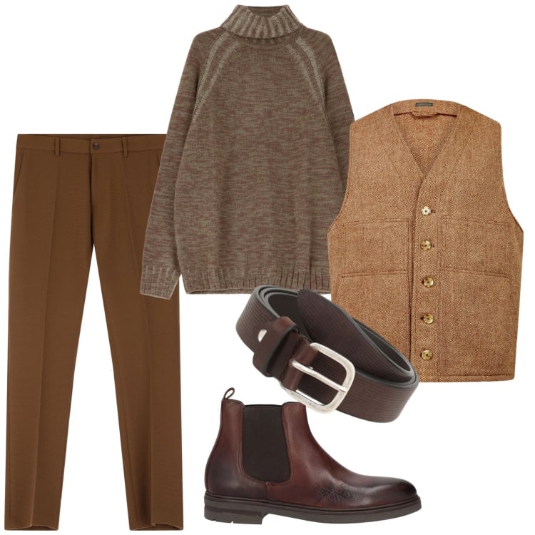 Outfit uomo - Colori terrosi. Stile Trendy per Tutti i giorni. Abbinamento con stivali e stivaletti, cinture, pantaloni, maglieria, gilet.