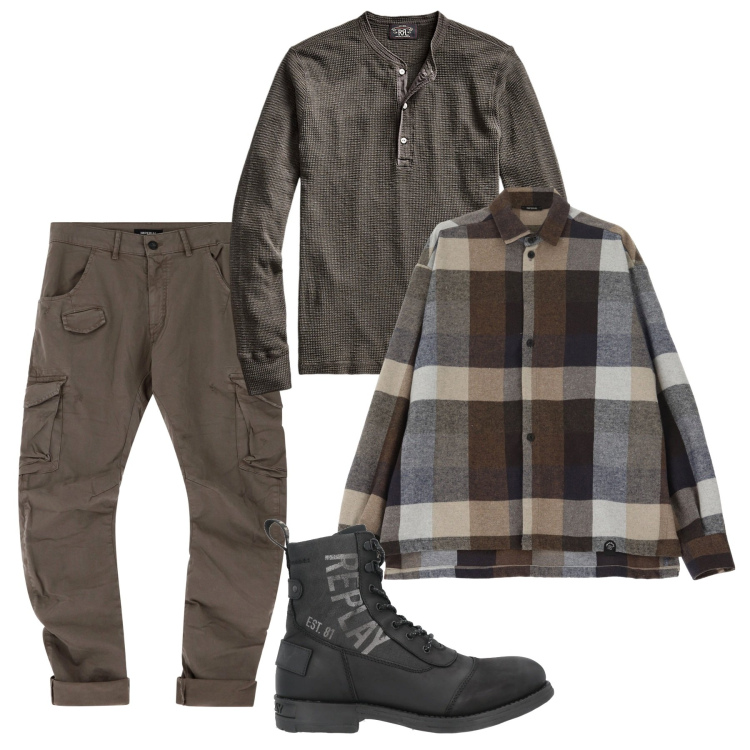 Outfit uomo - Colori terrosi. Stile Urban per Tutti i giorni. Abbinamento con stivali e stivaletti, camicie, pantaloni cargo, t-shirt.