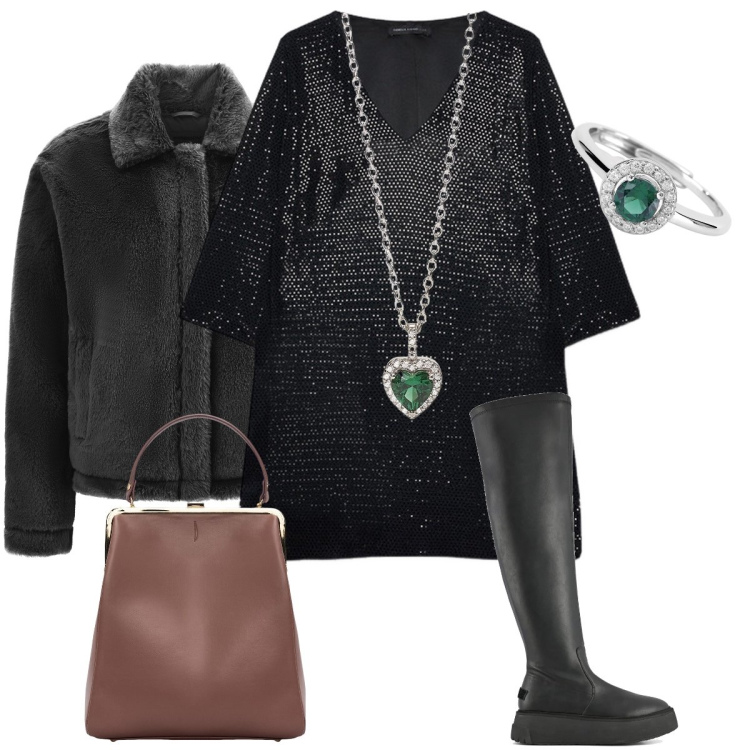 Outfit donna - Come una regina con le paillettes. Stile Glamour per Serata fuori. Abbinamento con ciondoli, anelli, cappotti, stivali sopra il ginocchio, borse a spalla, vestiti corti.