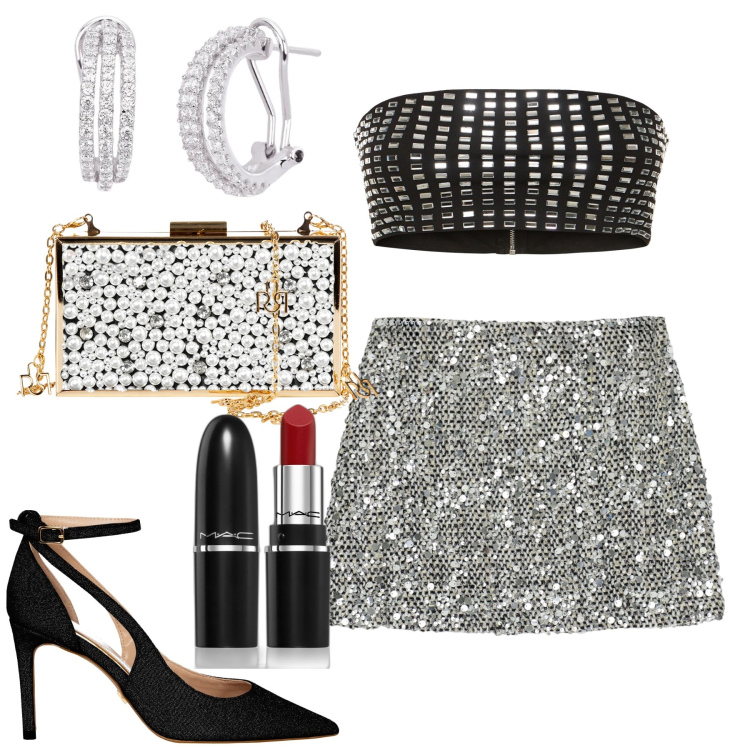 Outfit donna - Scintillante. Stile Glamour per Serata fuori. Abbinamento con rossetti, orecchini, décolleté, pochette, minigonne, top.