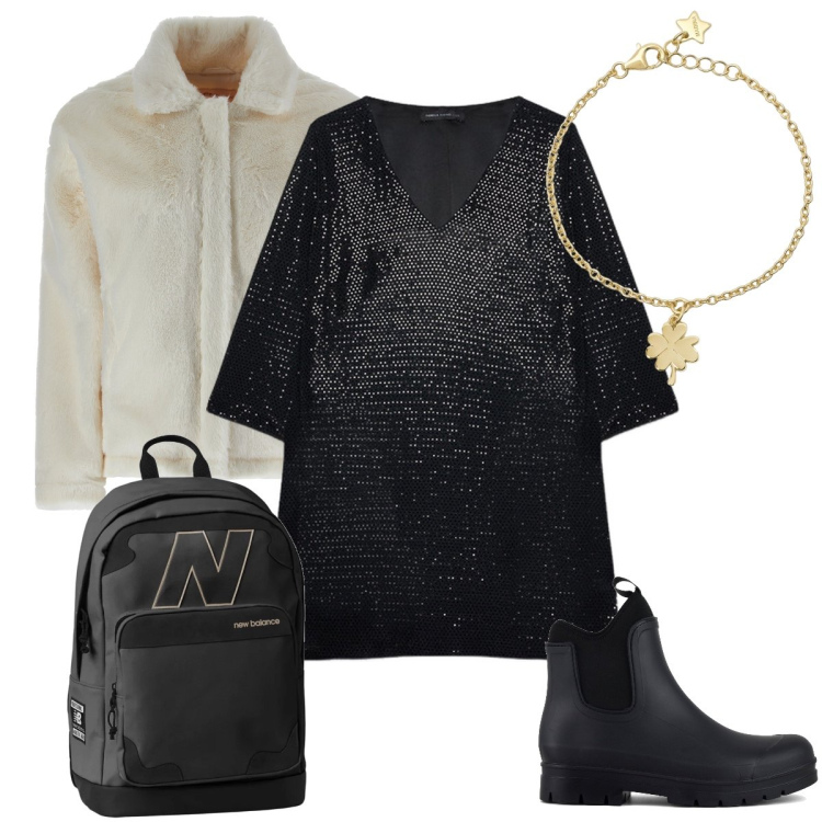 Outfit donna - Solo paillettes. Stile Glamour per Serata fuori. Abbinamento con braccialetti con ciondoli, zaini, cappotti, stivali, vestiti corti.