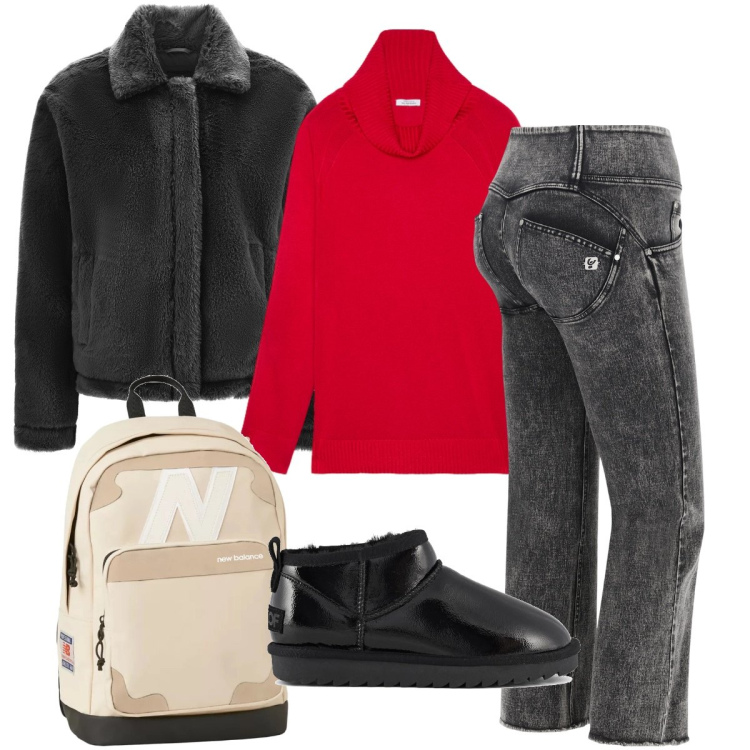 Outfit donna - Natale non convenzionale. Stile Basic per Serata fuori. Abbinamento con zaini, jeans a zampa, cappotti, maglieria, stivali.