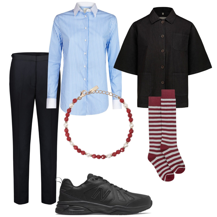 Outfit donna - Party in ufficio. Stile Casual chic per Ufficio. Abbinamento con braccialetti, sneakers, pantaloni, blazer, collant, camicie.