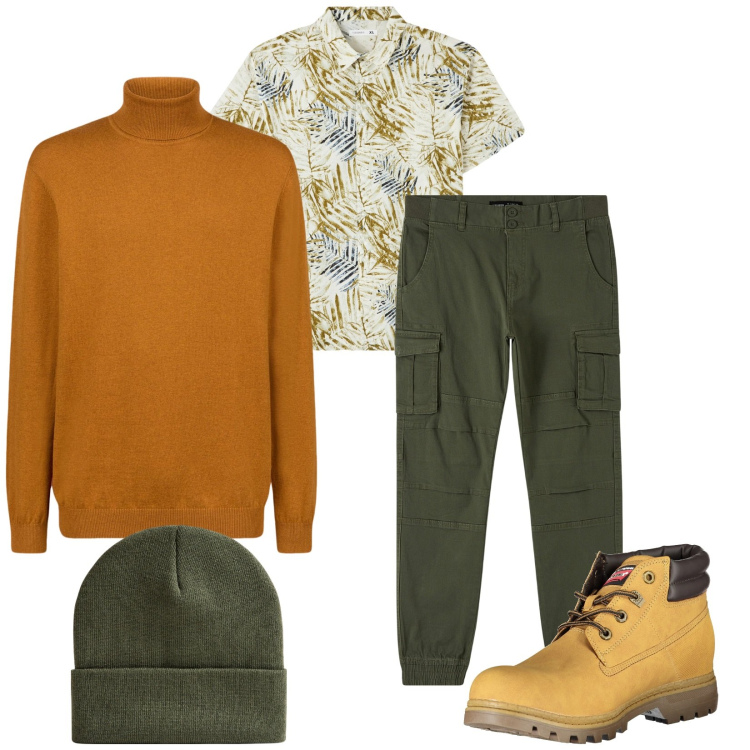 Outfit uomo - Casual & Chic. Stile Trendy per Tutti i giorni. Abbinamento con camicie a manica corta, pantaloni cargo, berretti, stivali, maglieria.
