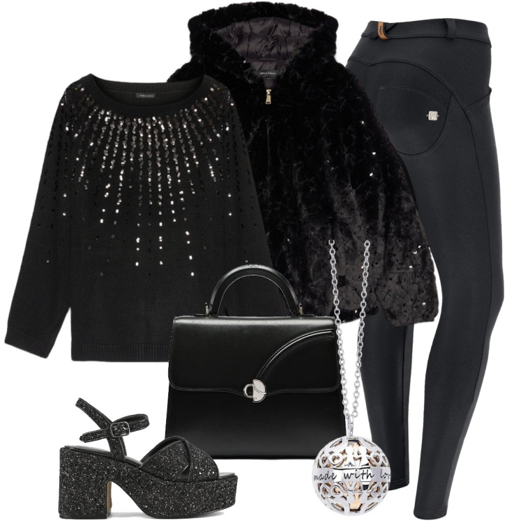 Outfit donna - Giacca effetto peluche con paillettes. Stile Glamour per Serata fuori. Abbinamento con collane, pantaloni skinny, sandali, maglieria, blazer, borse a mano.