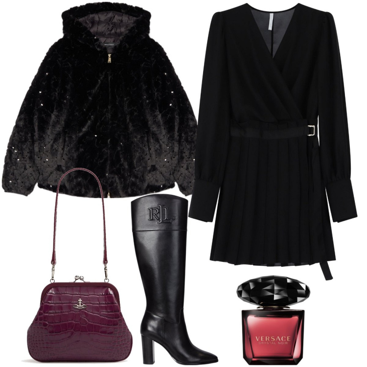 Outfit donna - L’ecopelliccia con strass. Stile Rock per Serata fuori. Abbinamento con profumi, vestiti corti, stivali, pochette, blazer.