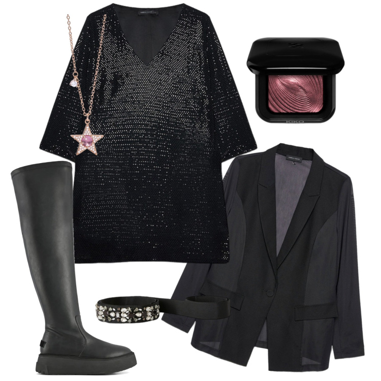Outfit donna - Mai troppo!. Stile Rock per Tutti i giorni. Abbinamento con ombretti, collane, stivali sopra il ginocchio, vestiti corti, cinture, blazer.