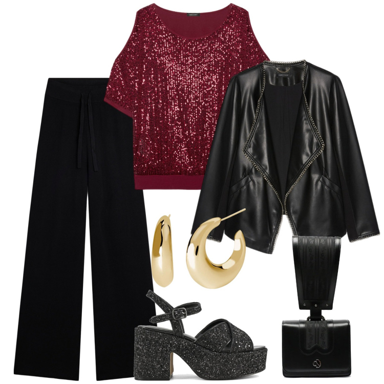 Outfit donna - Paillettes. Stile Chic per Serata fuori. Abbinamento con orecchini, pantaloni, sandali, t-shirt, blazer, borse a mano.