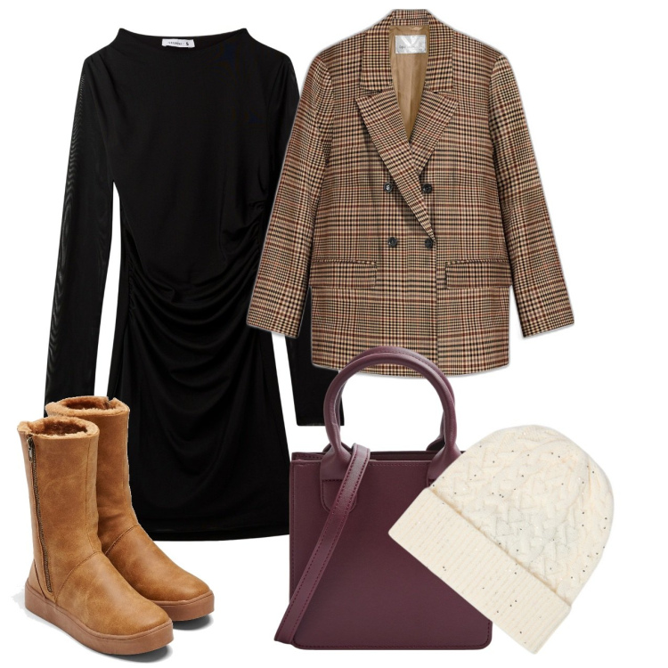 Outfit donna - Abito e blazer. Stile Bon Ton per Tutti i giorni. Abbinamento con stivali, blazer, vestiti lunghi, shopping bag, cappelli.