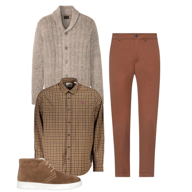 Outfit uomo - Terra. Stile Casual per Tutti i giorni. Abbinamento con cardigans, pantaloni, stivali e stivaletti, camicie.