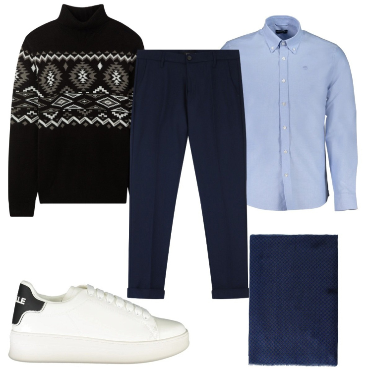 Outfit uomo - Casual chic - a cena con i colleghi. Stile Casual per Tutti i giorni. Abbinamento con maglieria, pantaloni chino, sciarpe e foulard, sneakers, camicie.