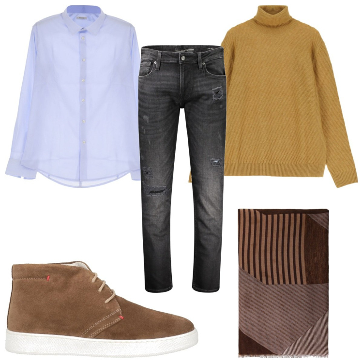 Outfit uomo - Casual chic- a pranzo dai suoceri. Stile Casual per Tutti i giorni. Abbinamento con stivali e stivaletti, camicie, maglieria, sciarpe, jeans strappati.