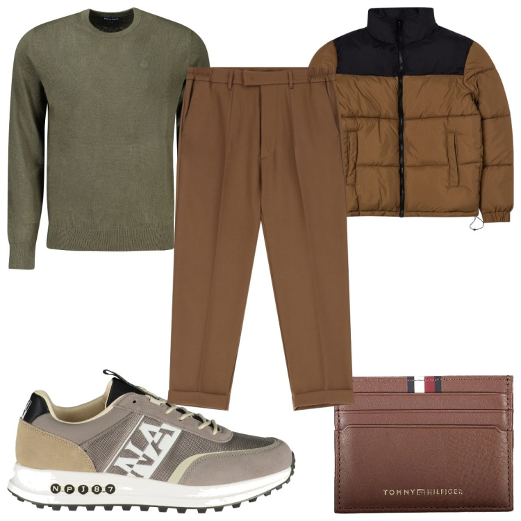 Outfit uomo - Colori terrosi: marrone. Stile Casual per Tutti i giorni. Abbinamento con giacche, pantaloni, sneakers, maglieria, portafogli.