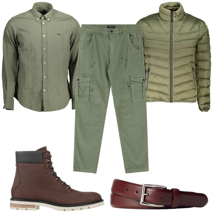 Outfit uomo - Colori terrosi : verde oliva. Stile Trendy per Tutti i giorni. Abbinamento con stivali e stivaletti, pantaloni chino, cinture, camicie, giacche.