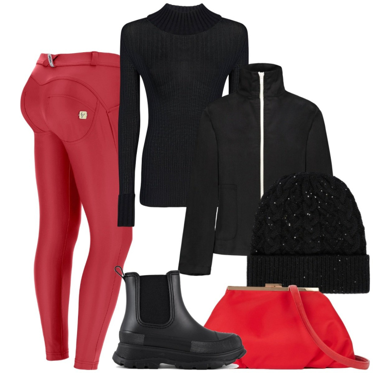 Outfit donna - Natale non convenzionale. Stile Casual chic per Serata fuori. Abbinamento con pantaloni skinny, blazer, maglieria, stivali, pochette, cappelli.