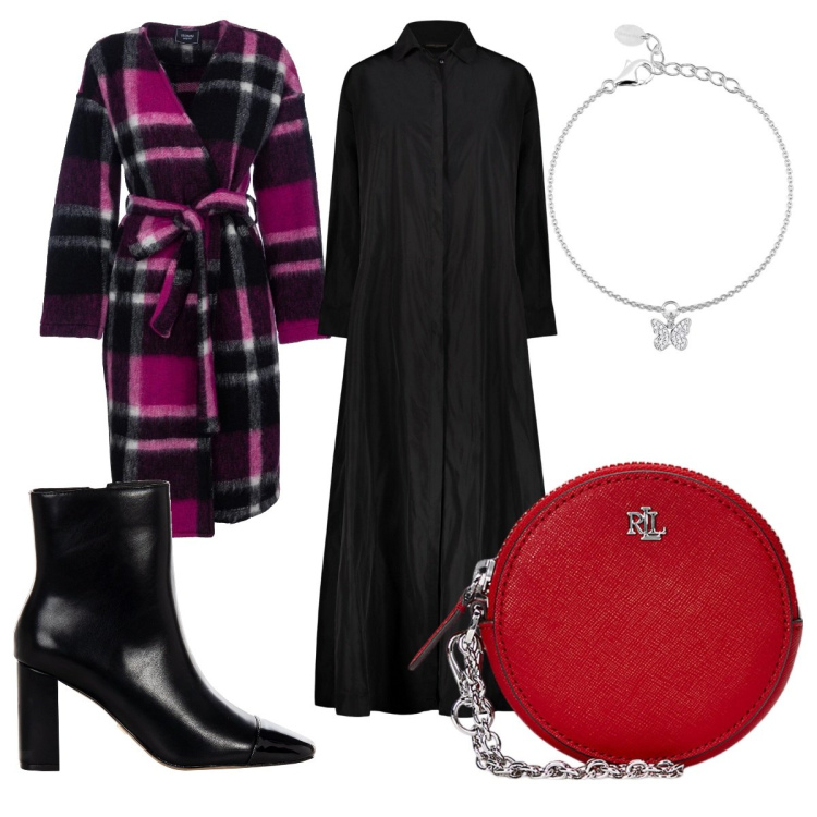 Outfit donna - Total look #2018182. Stile Trendy per Tutti i giorni. Abbinamento con braccialetti con ciondoli, stivaletti, cappotti, pochette, vestiti.