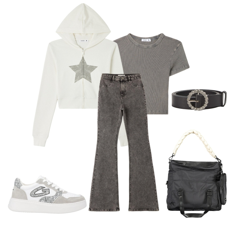 Outfit donna - Total look #2018195. Stile Sporty chic per Scuola/Università. Abbinamento con sneakers, t-shirt, jeggings, cinture, felpe con cappuccio, borse a spalla.