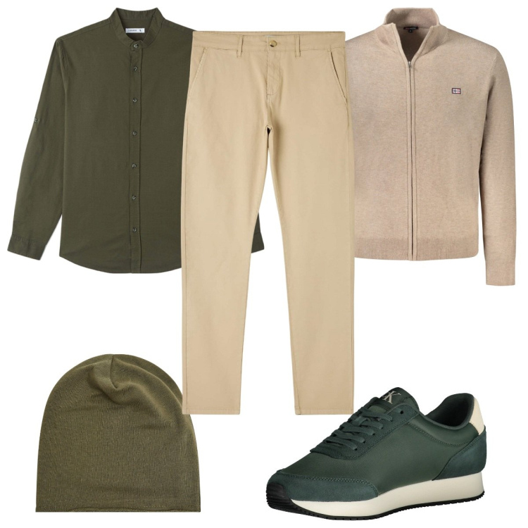 Outfit uomo - Total look #2018203. Stile Casual per Tutti i giorni. Abbinamento con camicie, pantaloni chino, berretti, sneakers, cardigans.