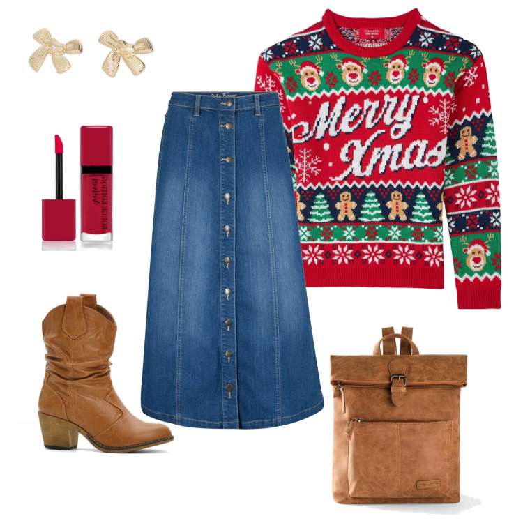 Outfit donna - Total look #2018208. Stile Casual chic per Tutti i giorni. Abbinamento con stivaletti texani, zaini, gonne longuette, rossetti, maglieria, orecchini.