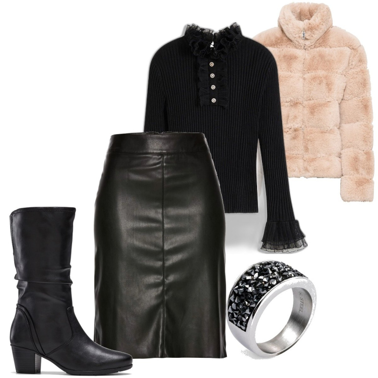 Outfit donna - La gonna in pelle. Stile Glamour per Serata fuori. Abbinamento con maglieria, ecopellicce, stivali, gonne longuette, anelli.