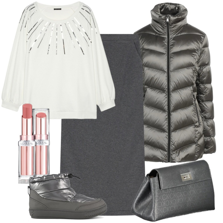 Outfit donna - Total look #2018219. Stile Casual chic per Tutti i giorni. Abbinamento con piumini, rossetti, gonne lunghe, felpe, borse a tracolla, stivaletti.