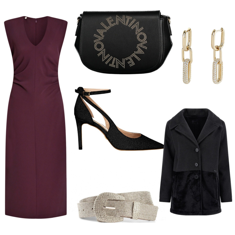 Outfit donna - Serata fuori insieme. Stile Chic per Serata fuori. Abbinamento con cinture, orecchini, vestiti midi/longuette, décolleté, cappotti, borse a spalla.