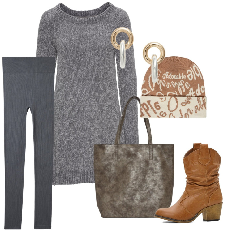 Outfit donna - Polvere. Stile Bon Ton per Tutti i giorni. Abbinamento con vestiti, stivaletti texani, leggings, borse tote, orecchini, cappelli.