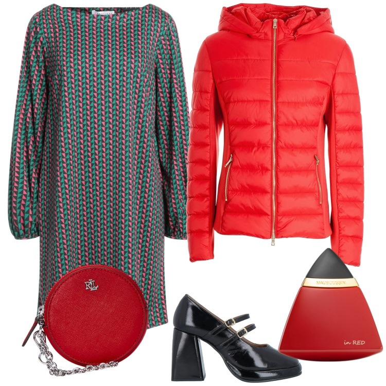 Outfit donna - Pomeriggio visita ad amica. Stile Urban per Tutti i giorni. Abbinamento con vestiti corti, décolleté, profumi, piumini, pochette.