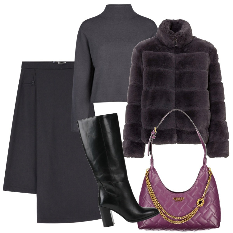 Outfit donna - La gonna a portafoglio grigia. Stile Casual chic per Tutti i giorni. Abbinamento con ecopellicce, stivali, gonne, borse a spalla, cardigans.