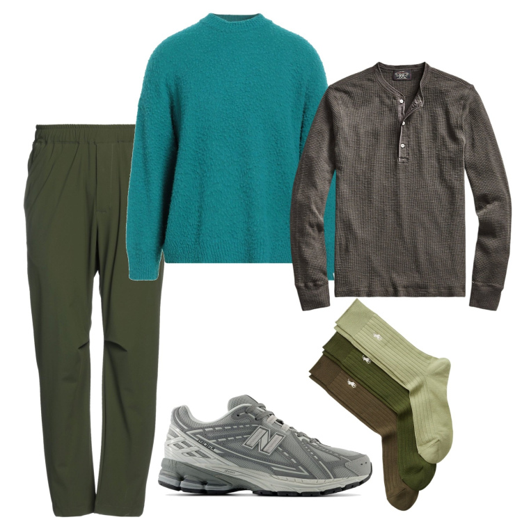 Outfit uomo - Home wear. Stile Casual per Tutti i giorni. Abbinamento con pantaloni, pullovers, sneakers, t-shirt, calzini.