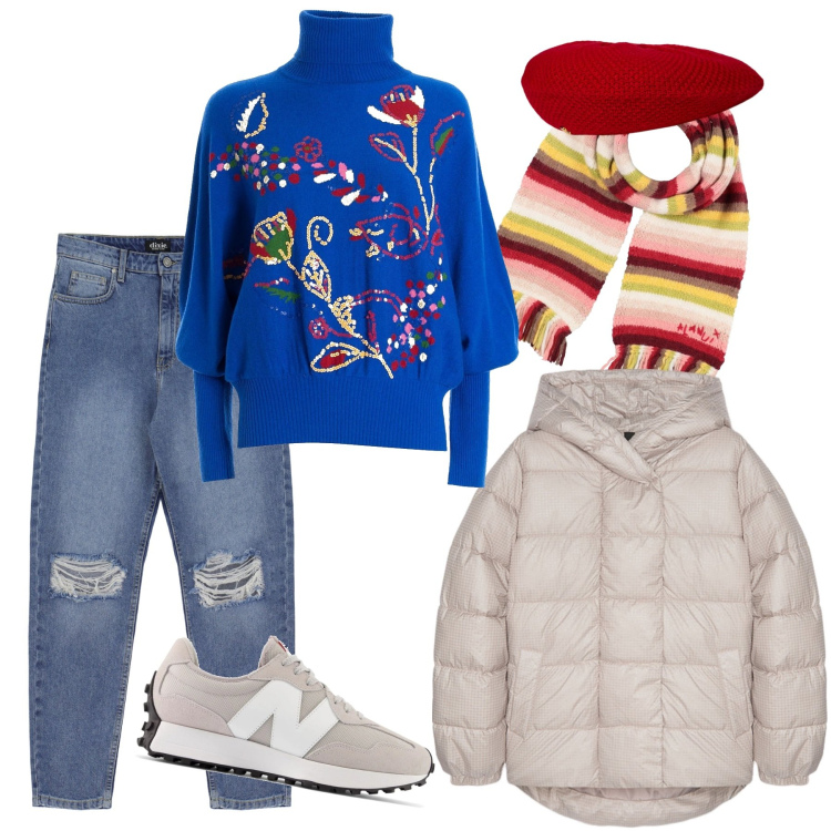 Outfit donna - Look of the day. Stile Urban per Tutti i giorni. Abbinamento con sciarpe, piumini, sneakers, maglieria, berretti, jeans strappati.
