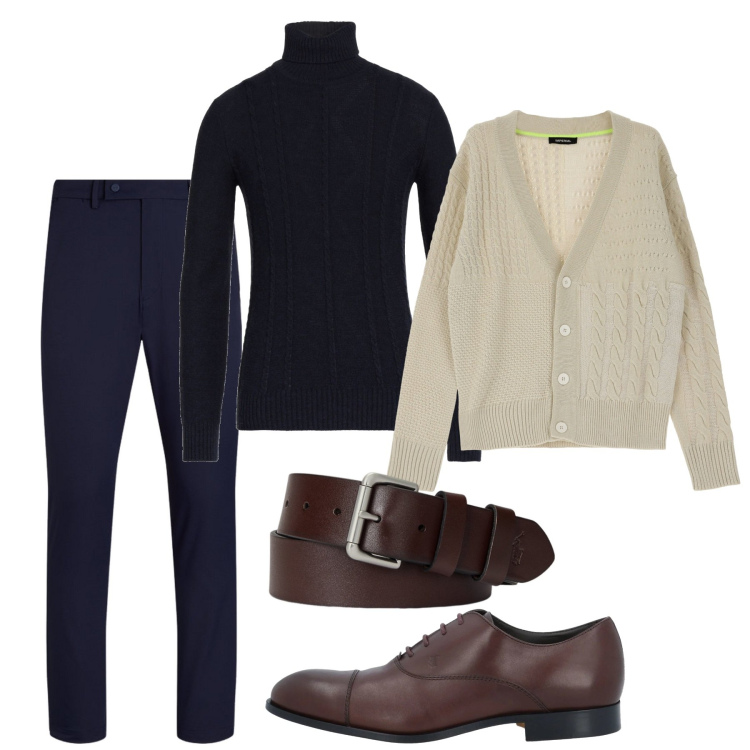 Outfit uomo - French mood. Stile Trendy per Serata speciale. Abbinamento con maglieria, scarpe stringate, cardigans, cinture, pantaloni.