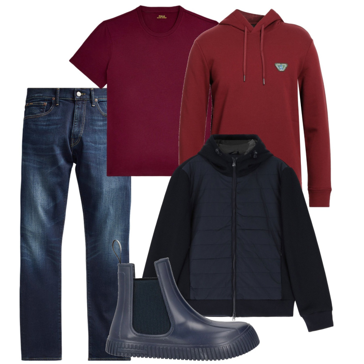 Outfit uomo - Blue and red Christmas. Stile Casual per Tutti i giorni. Abbinamento con felpe con cappuccio, stivali e stivaletti, piumini, jeans, t-shirt.