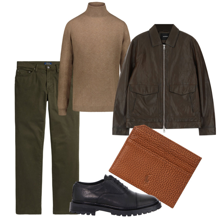 Outfit uomo - Serata in giro. Stile Casual per Tutti i giorni. Abbinamento con scarpe stringate, giacche, portafogli, pantaloni, maglieria.