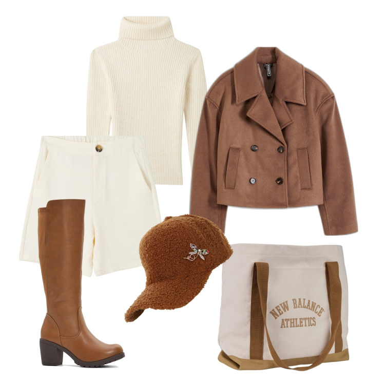 Outfit donna - Shopping in bermuda e caban. Stile Urban per Tutti i giorni. Abbinamento con stivali, caban, bermuda, maglieria, borse tote, cappelli.