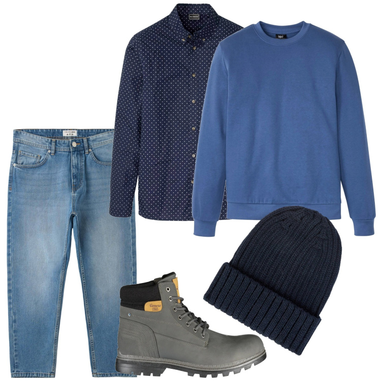 Outfit uomo - Blu casual. Stile Casual per Tutti i giorni. Abbinamento con camicie, felpe, jeans, stivali, berretti.