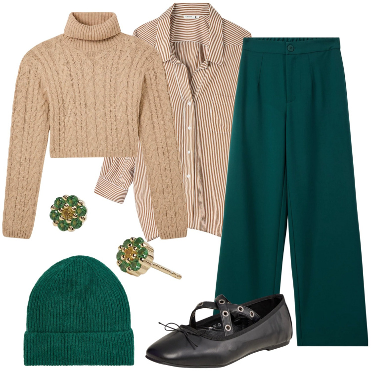 Outfit donna - Pranzo in famiglia. Stile Bon Ton per Tutti i giorni. Abbinamento con camicie, ballerine, pantaloni, maglieria, berretti, orecchini.