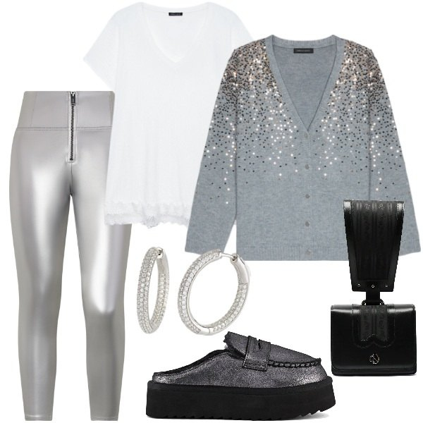 Outfit donna - paillettes. Stile Urban per Tutti i giorni. Abbinamento con orecchini, pantaloni skinny, mocassini, cardigans, t-shirt, borse a mano.